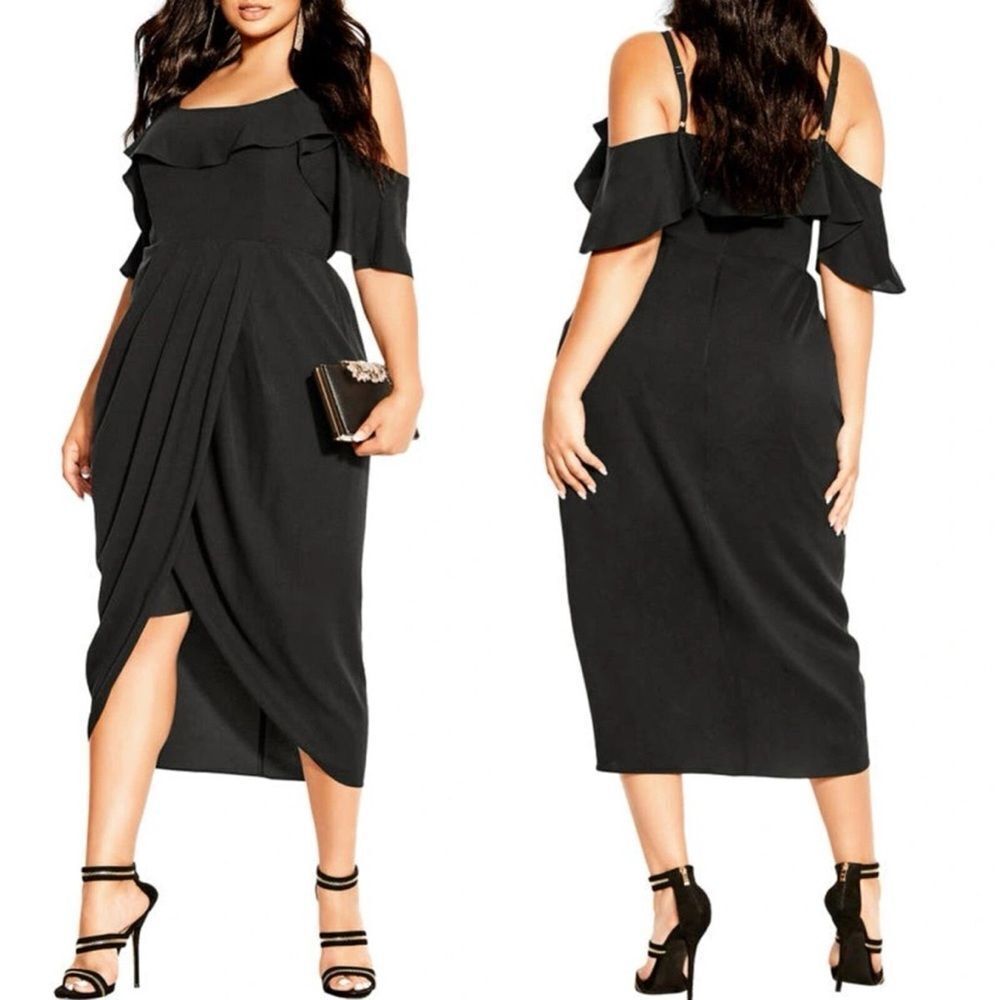 City Chic Black Flirtation Drape Midi Dress Size 16